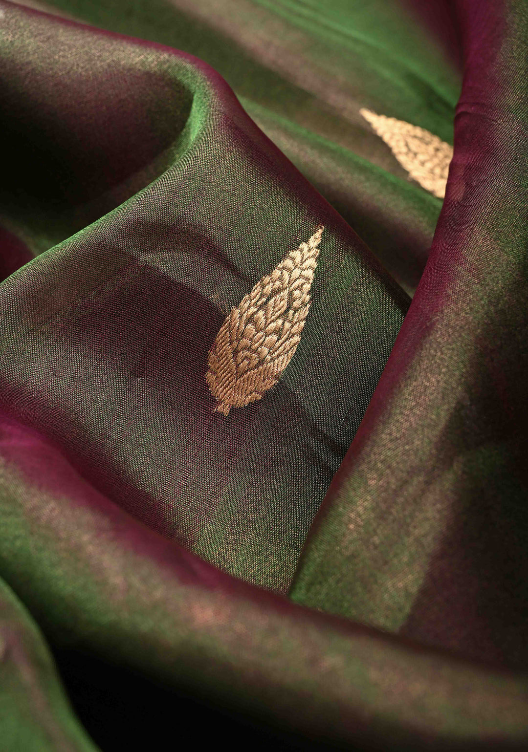 Green and Maroon Dual tone Banarasi Tissue by Kora Silk Saree with Sona Rupa Buttas and Zari Border | SILK MARK CERTIFIED