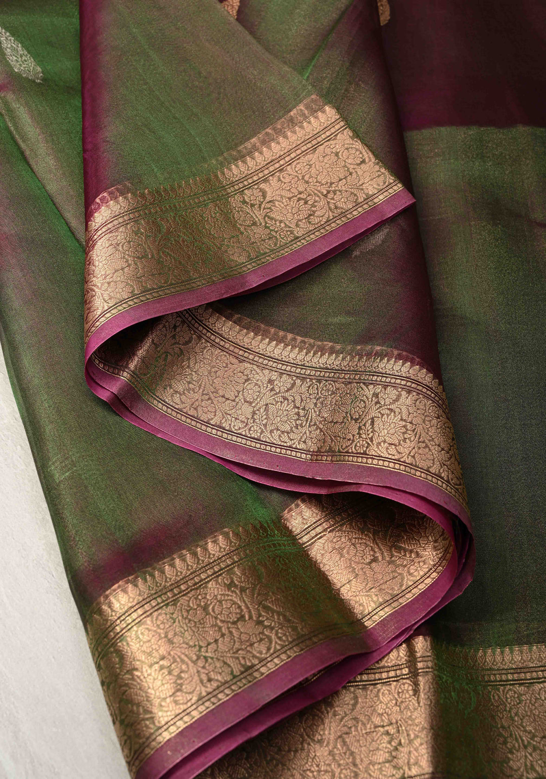 Green and Maroon Dual tone Banarasi Tissue by Kora Silk Saree with Sona Rupa Buttas and Zari Border | SILK MARK CERTIFIED