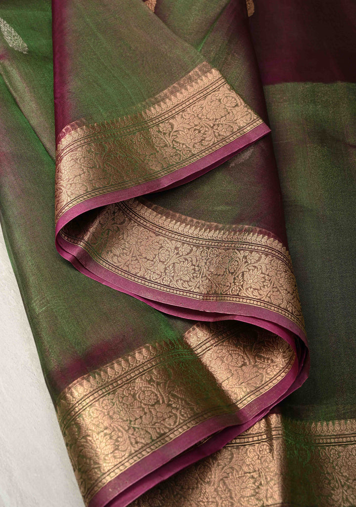 Green and Maroon Dual tone Banarasi Tissue by Kora Silk Saree with Sona Rupa Buttas and Zari Border | SILK MARK CERTIFIED