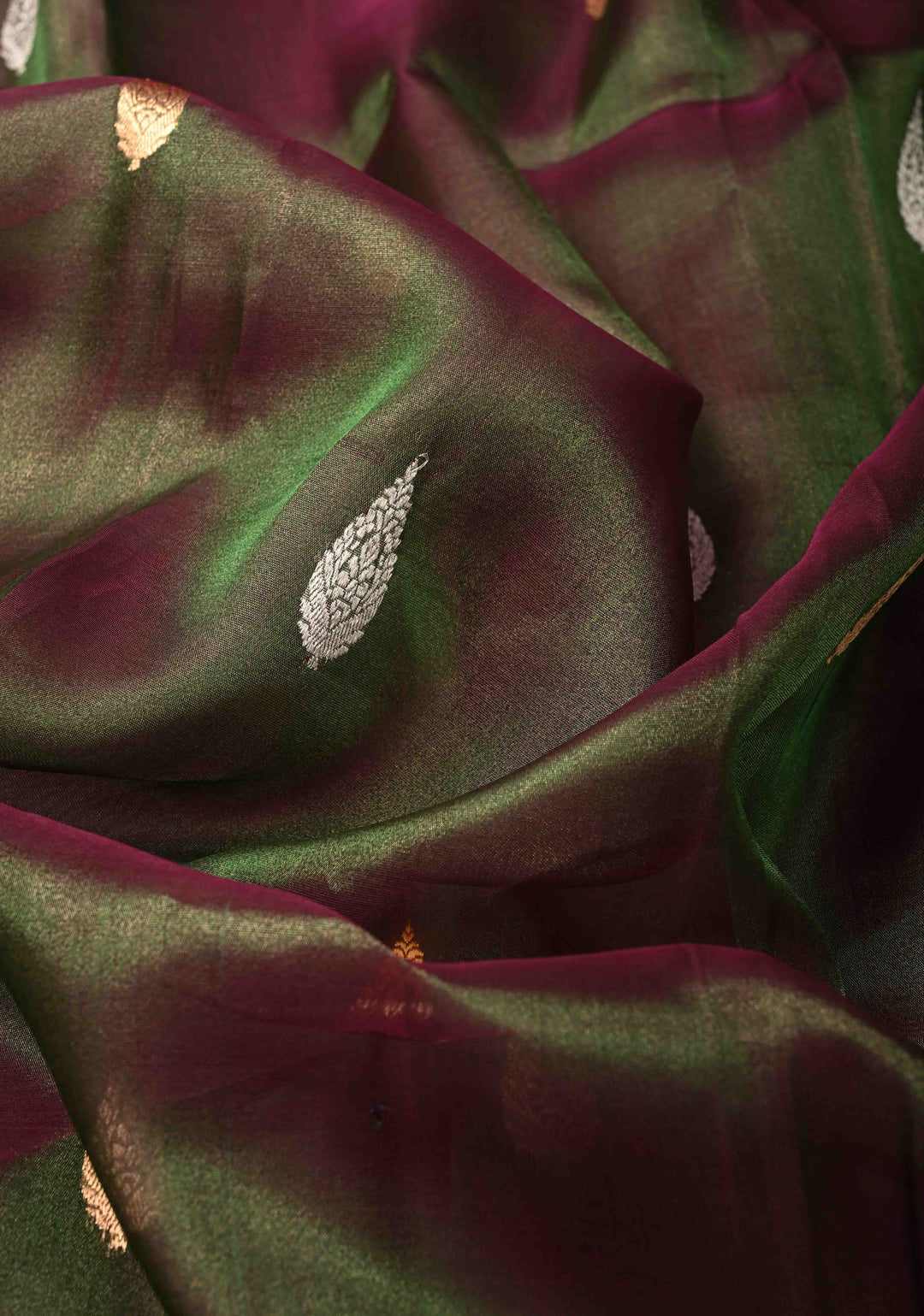 Green and Maroon Dual tone Banarasi Tissue by Kora Silk Saree with Sona Rupa Buttas and Zari Border | SILK MARK CERTIFIED