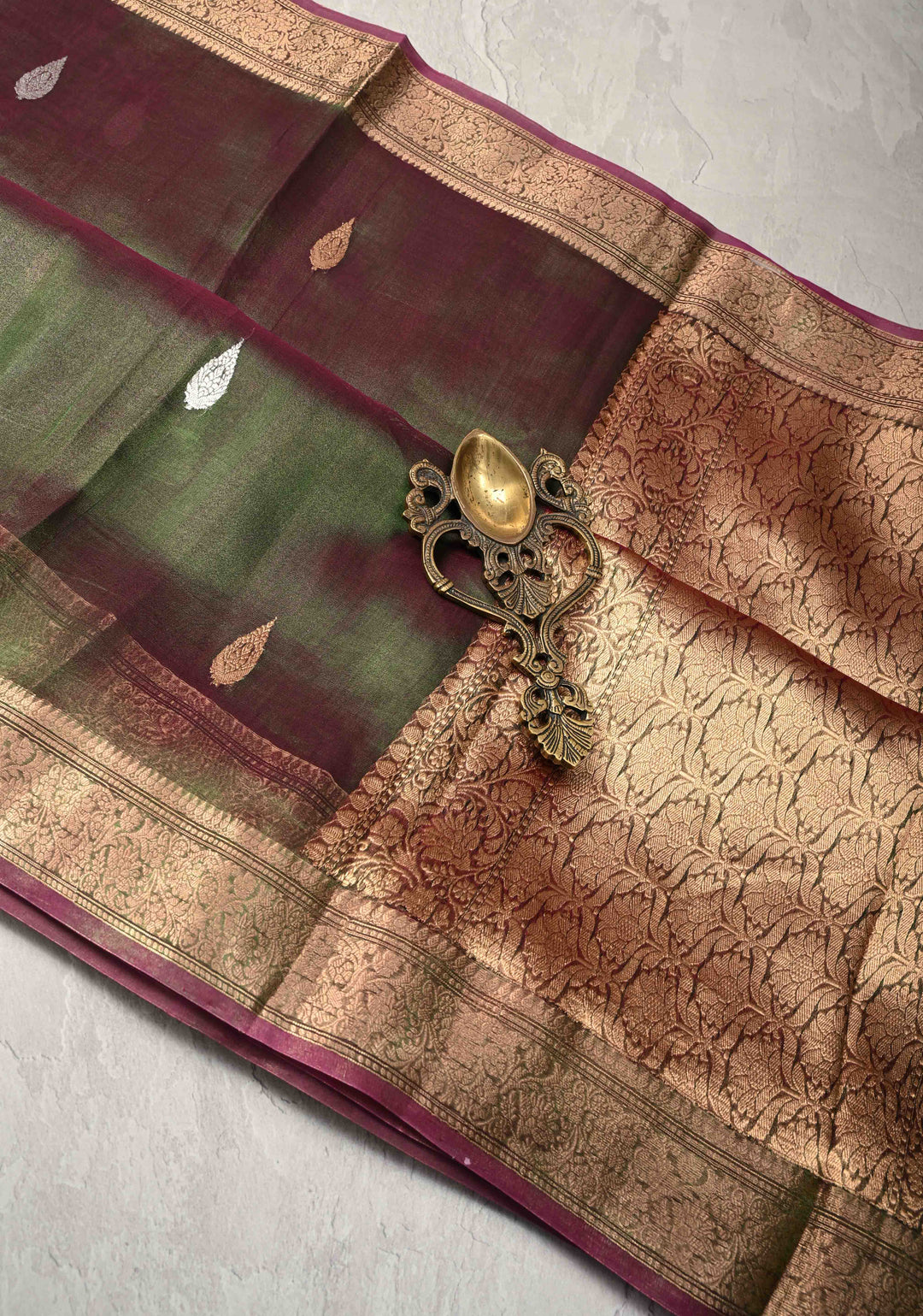 Green and Maroon Dual tone Banarasi Tissue by Kora Silk Saree with Sona Rupa Buttas and Zari Border | SILK MARK CERTIFIED