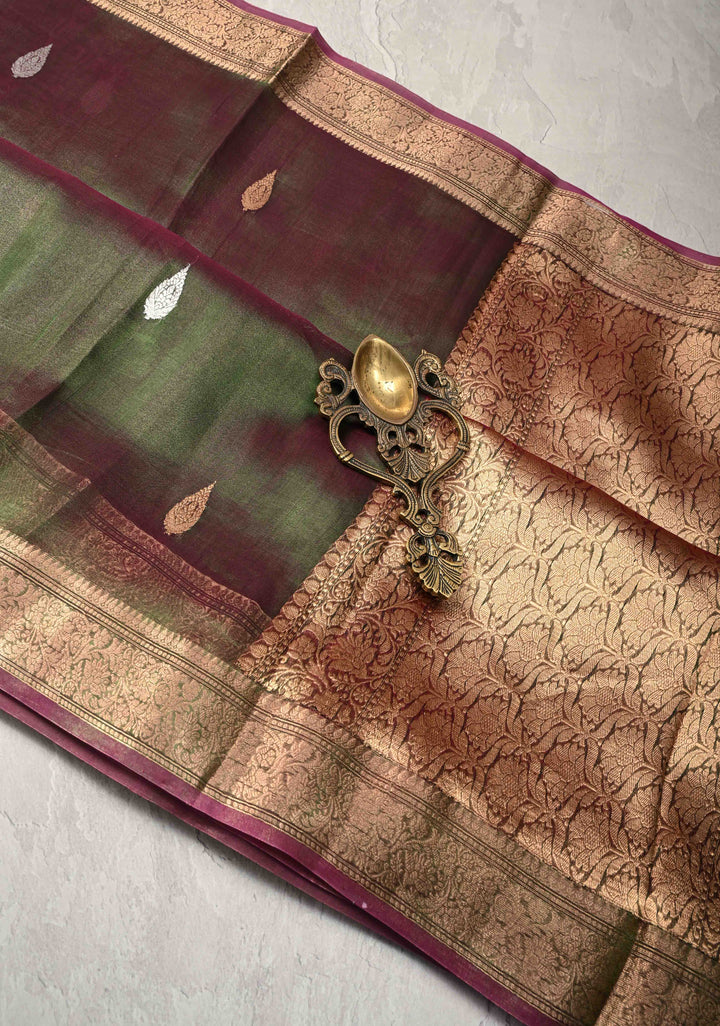 Green and Maroon Dual tone Banarasi Tissue by Kora Silk Saree with Sona Rupa Buttas and Zari Border | SILK MARK CERTIFIED