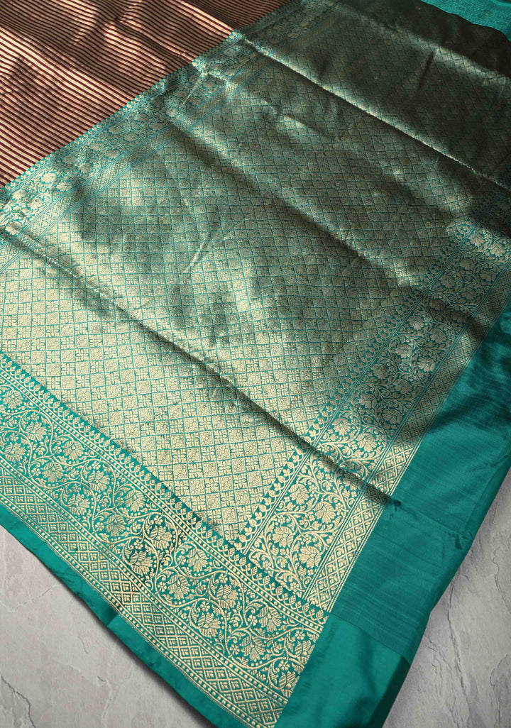 Banarasi Tissue Stripes Saree with Gold and Brown Stripes and Rama Green Contrast  | SILK MARK CERTIFIED