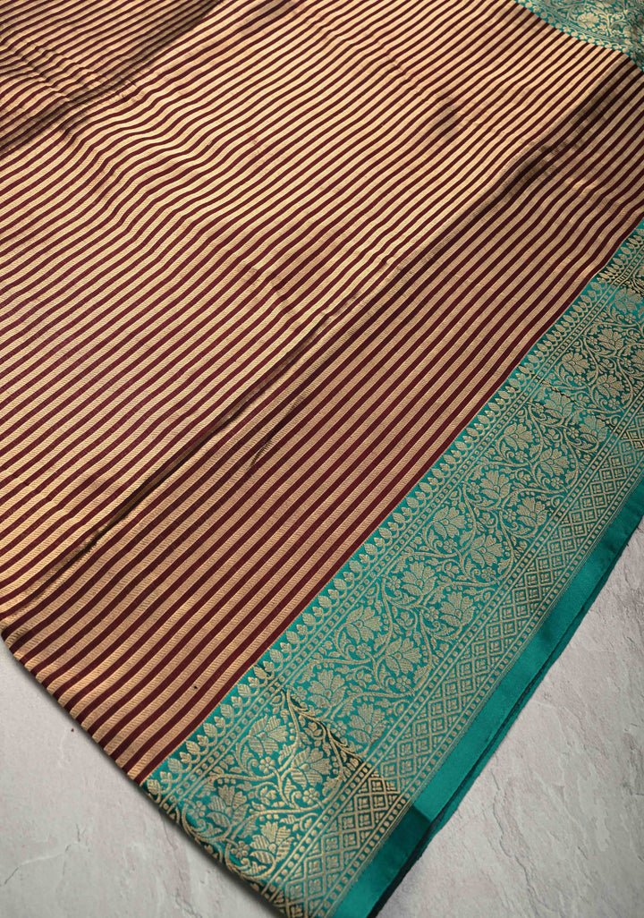 Banarasi Tissue Stripes Saree with Gold and Brown Stripes and Rama Green Contrast  | SILK MARK CERTIFIED