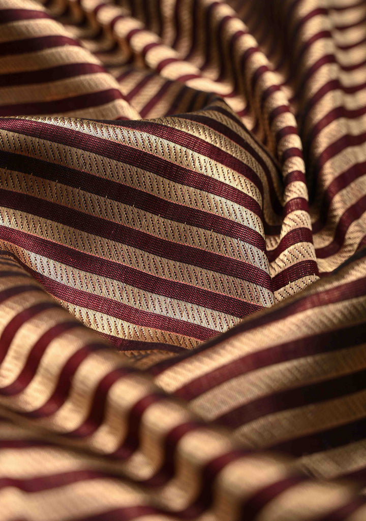 Banarasi Tissue Stripes Saree with Gold and Brown Stripes and Rama Green Contrast  | SILK MARK CERTIFIED
