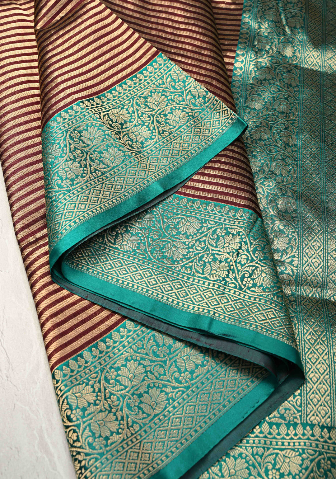 Banarasi Tissue Stripes Saree with Gold and Brown Stripes and Rama Green Contrast  | SILK MARK CERTIFIED