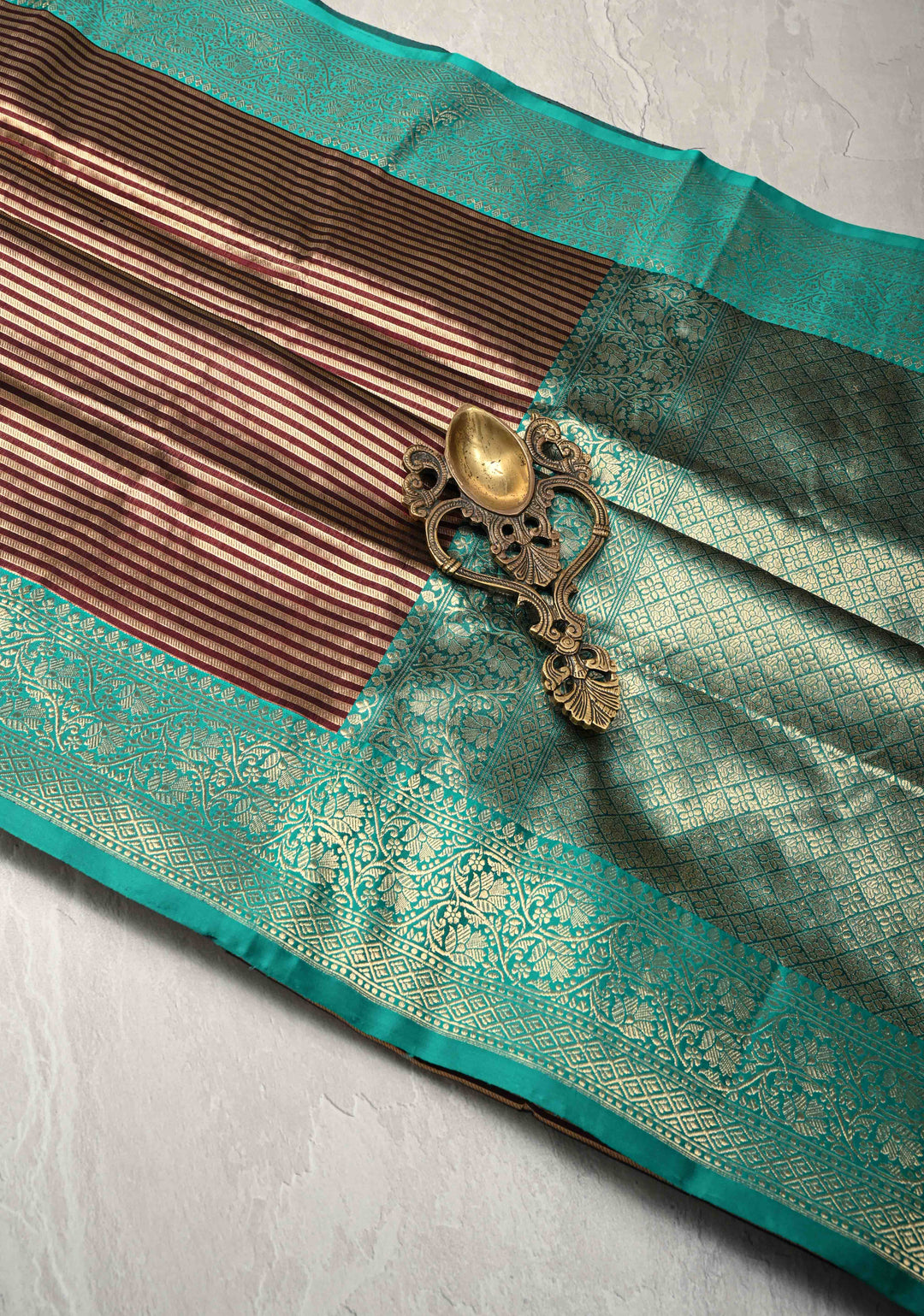 Banarasi Tissue Stripes Saree with Gold and Brown Stripes and Rama Green Contrast  | SILK MARK CERTIFIED