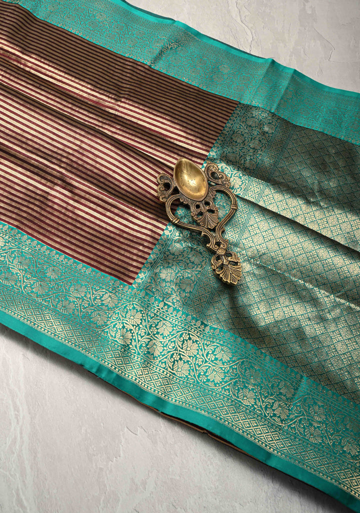 Banarasi Tissue Stripes Saree with Gold and Brown Stripes and Rama Green Contrast  | SILK MARK CERTIFIED