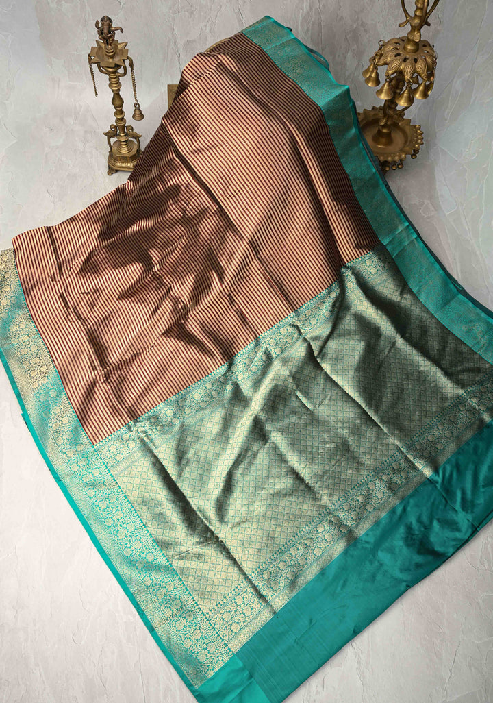 Banarasi Tissue Stripes Saree with Gold and Brown Stripes and Rama Green Contrast  | SILK MARK CERTIFIED