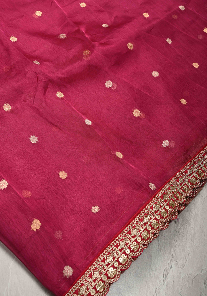 Magenta Organza Silk Saree with Sona Rupa Chunri Buttis and Scallop Fancy Lace Border | SILK MARK CERTIFIED