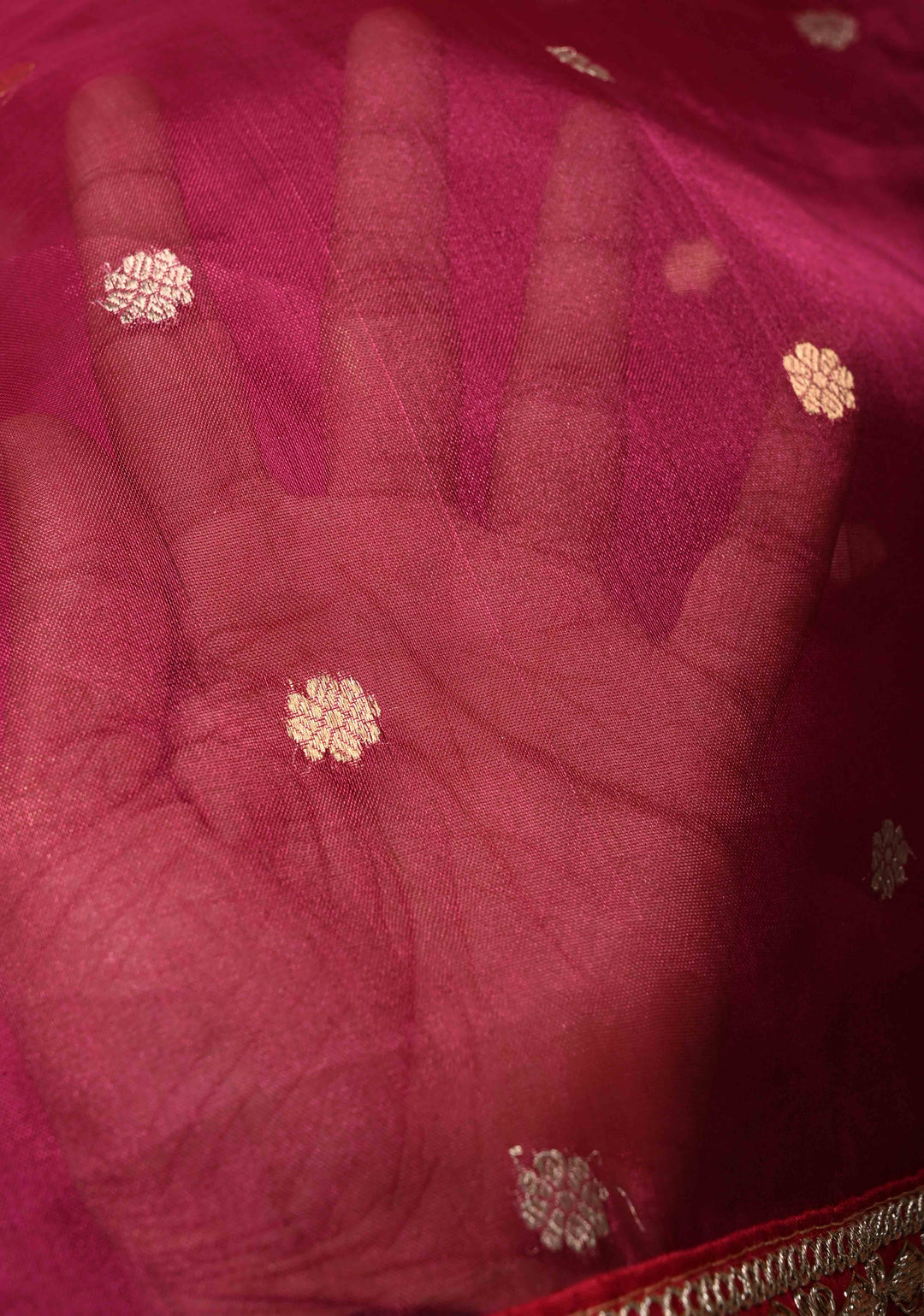 Magenta Organza Silk Saree with Sona Rupa Chunri Buttis and Scallop Fancy Lace Border | SILK MARK CERTIFIED