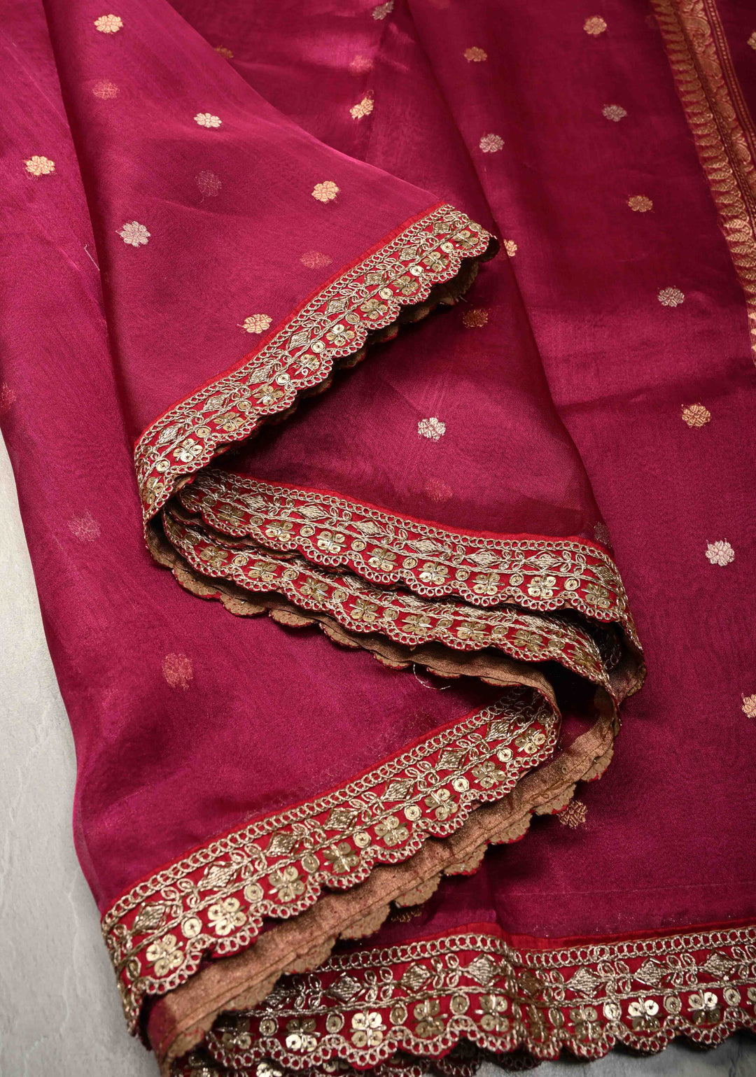 Magenta Organza Silk Saree with Sona Rupa Chunri Buttis and Scallop Fancy Lace Border | SILK MARK CERTIFIED