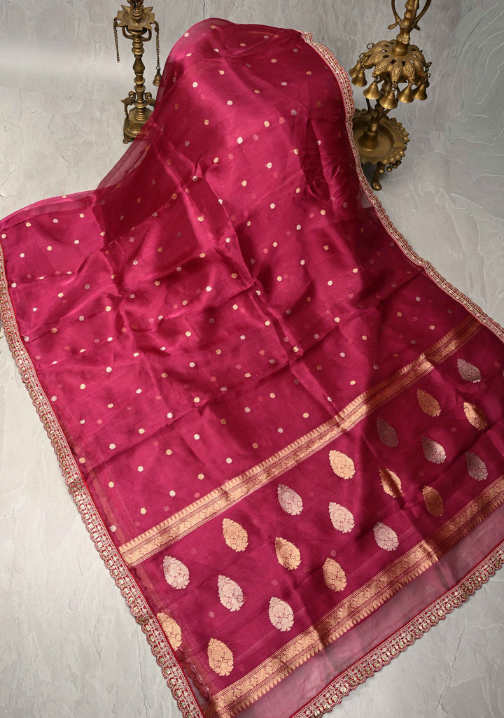 Magenta Organza Silk Saree with Sona Rupa Chunri Buttis and Scallop Fancy Lace Border | SILK MARK CERTIFIED