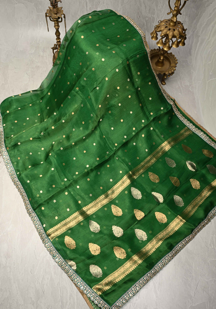 Green Organza Tissue Silk Saree with Sona Rupa Chunri Buttis and Fancy Lace Border | SILK MARK CERTIFIED