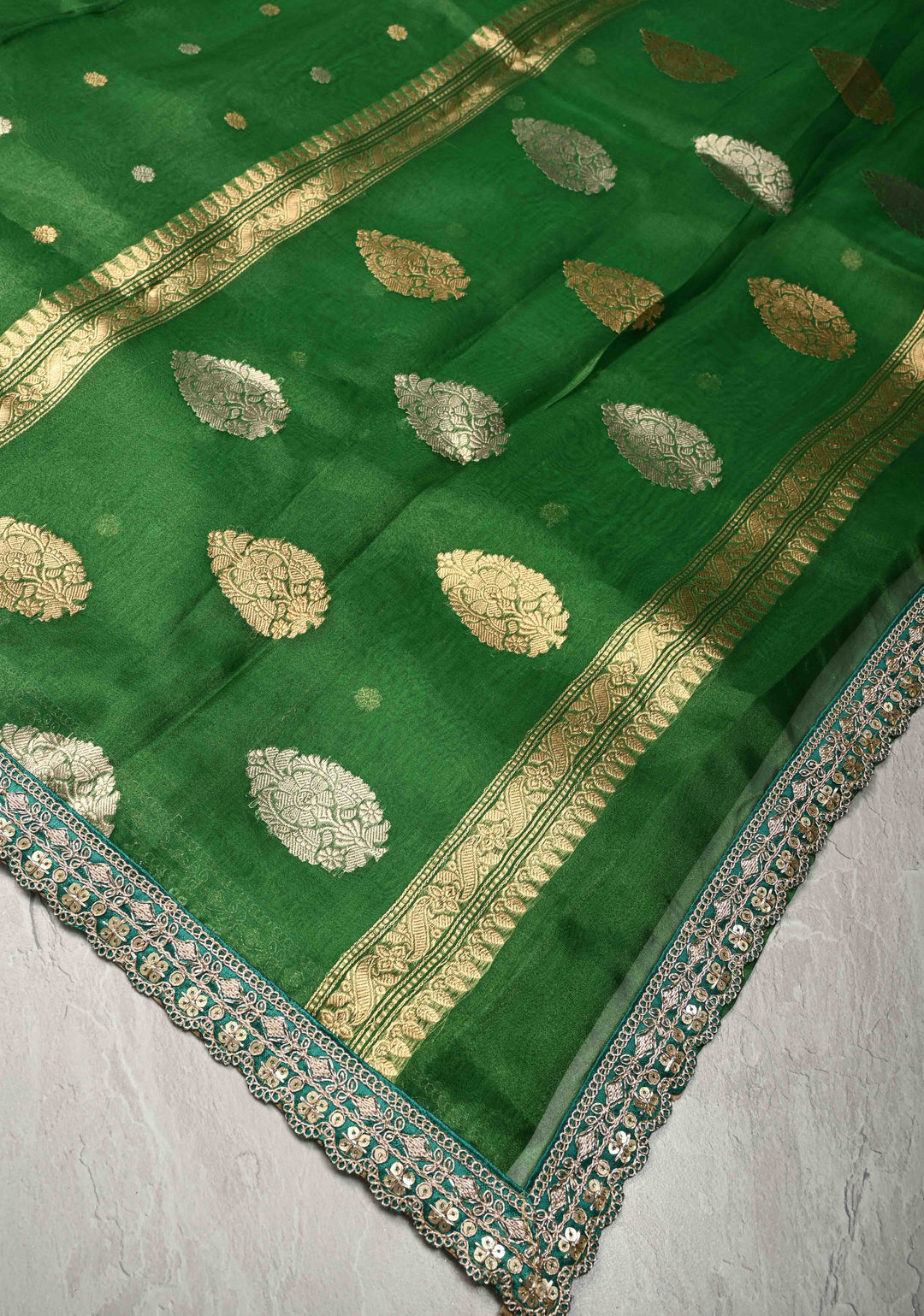 Green Organza Tissue Silk Saree with Sona Rupa Chunri Buttis and Fancy Lace Border | SILK MARK CERTIFIED