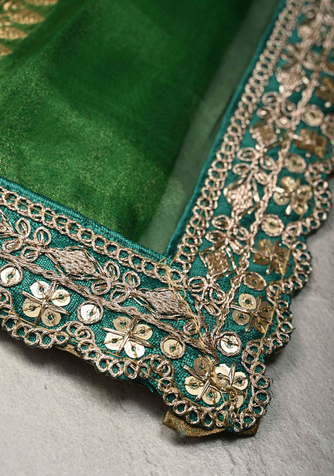 Green Organza Tissue Silk Saree with Sona Rupa Chunri Buttis and Fancy Lace Border | SILK MARK CERTIFIED