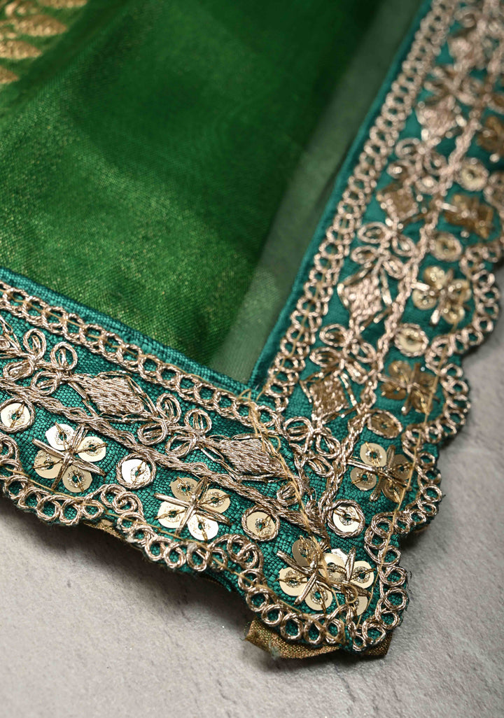 Green Organza Tissue Silk Saree with Sona Rupa Chunri Buttis and Fancy Lace Border | SILK MARK CERTIFIED