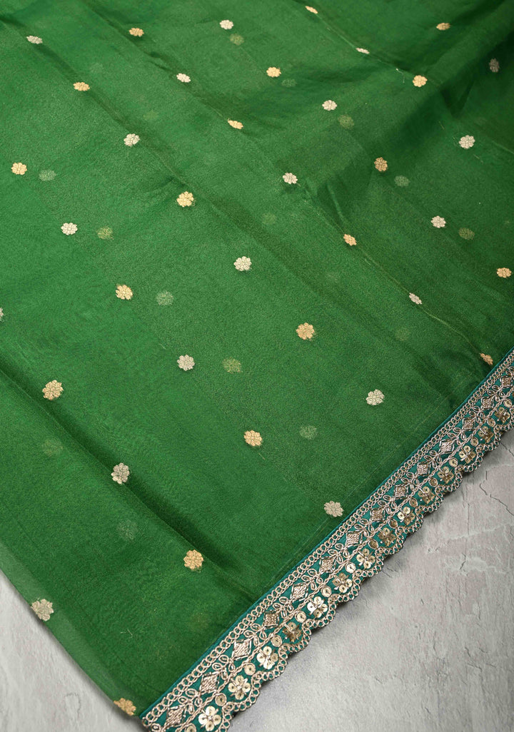 Green Organza Tissue Silk Saree with Sona Rupa Chunri Buttis and Fancy Lace Border | SILK MARK CERTIFIED