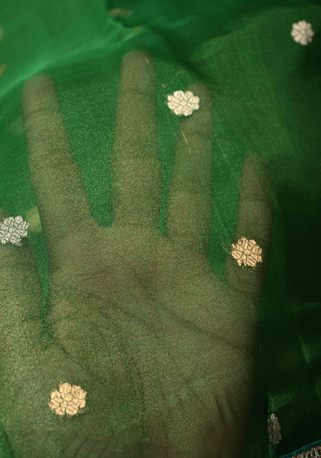 Green Organza Tissue Silk Saree with Sona Rupa Chunri Buttis and Fancy Lace Border | SILK MARK CERTIFIED