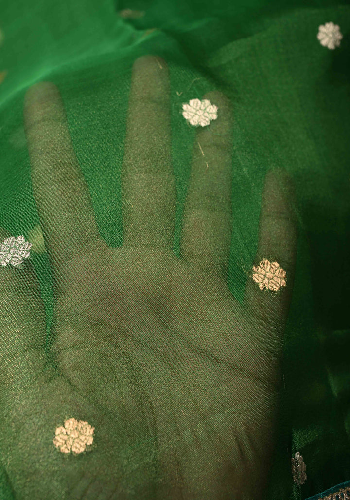 Green Organza Tissue Silk Saree with Sona Rupa Chunri Buttis and Fancy Lace Border | SILK MARK CERTIFIED