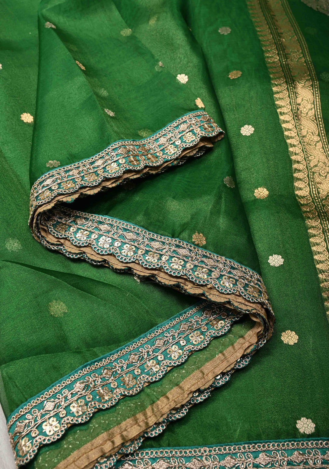 Green Organza Tissue Silk Saree with Sona Rupa Chunri Buttis and Fancy Lace Border | SILK MARK CERTIFIED