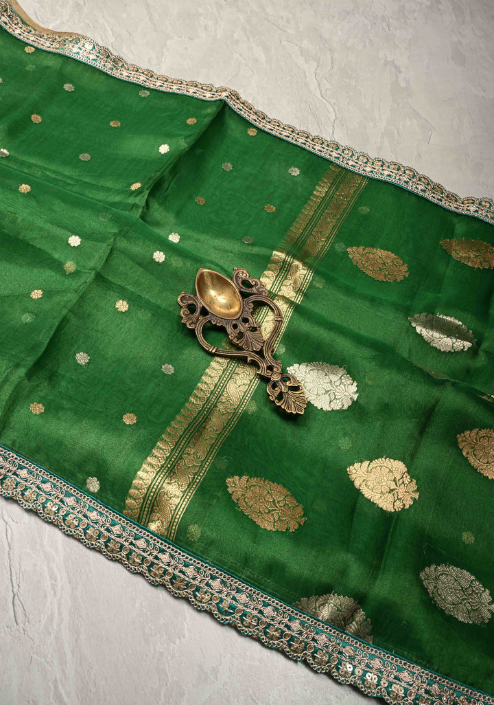 Green Organza Tissue Silk Saree with Sona Rupa Chunri Buttis and Fancy Lace Border | SILK MARK CERTIFIED