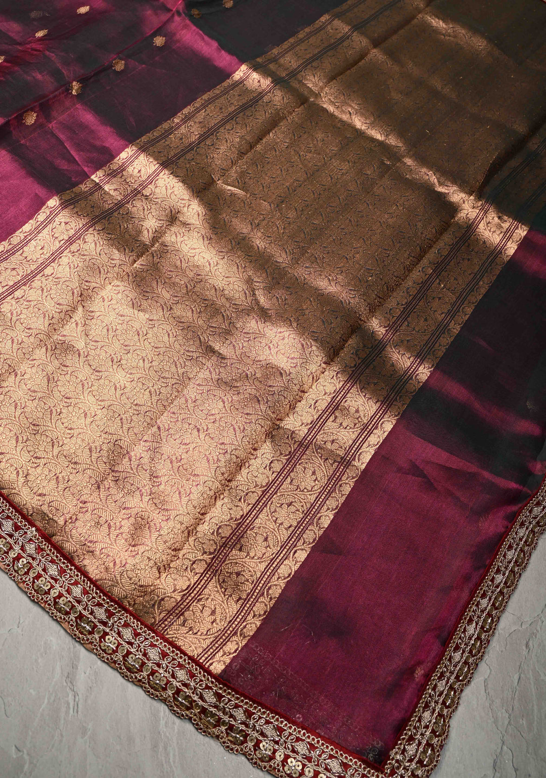 Purple Dual tone Organza Silk Saree with Zari Buttis and Fancy Lace Border | SILK MARK CERTIFIED