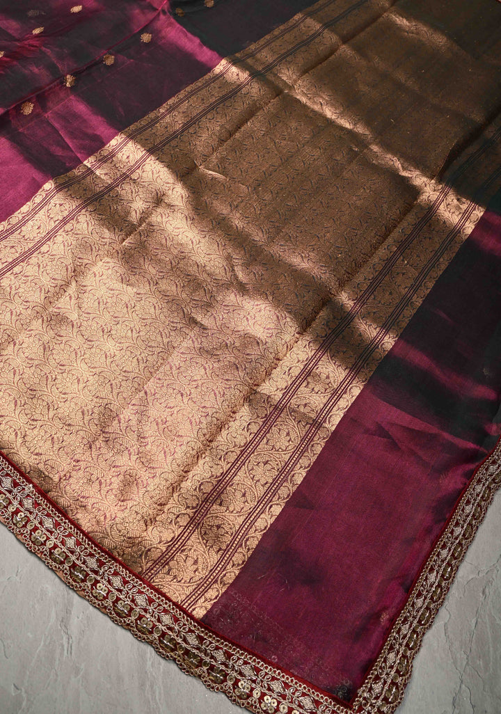 Purple Dual tone Organza Silk Saree with Zari Buttis and Fancy Lace Border | SILK MARK CERTIFIED