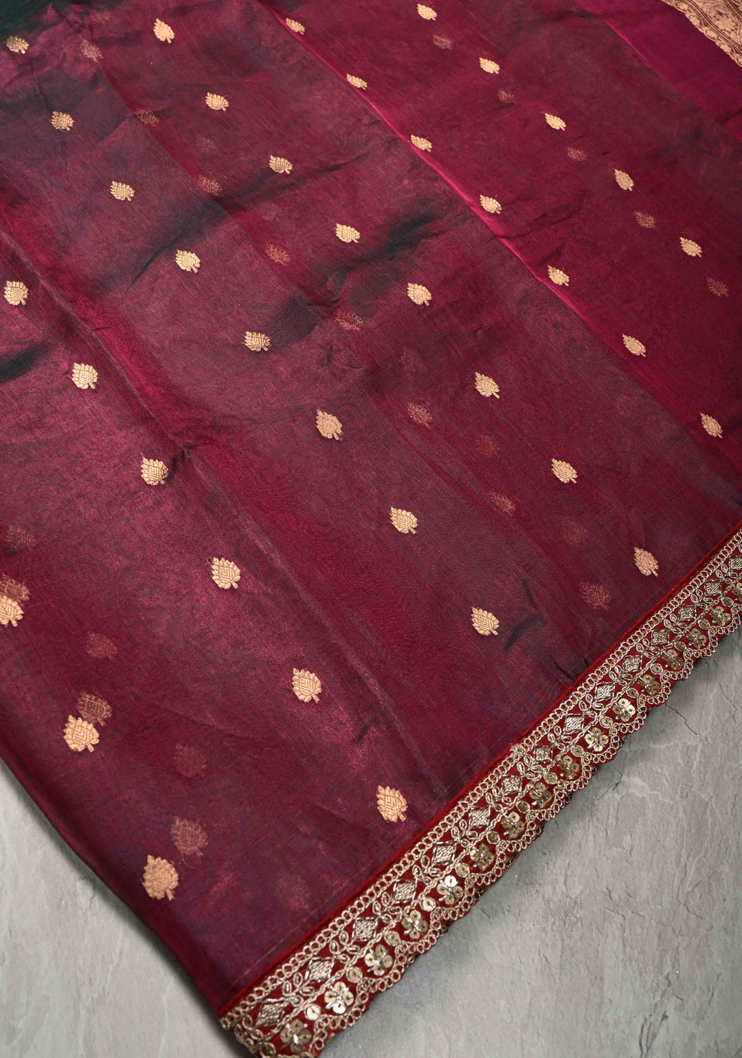 Purple Dual tone Organza Silk Saree with Zari Buttis and Fancy Lace Border | SILK MARK CERTIFIED