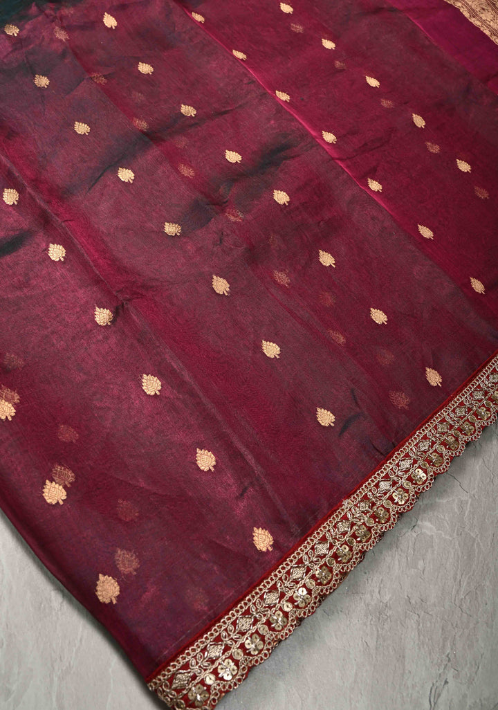 Purple Dual tone Organza Silk Saree with Zari Buttis and Fancy Lace Border | SILK MARK CERTIFIED