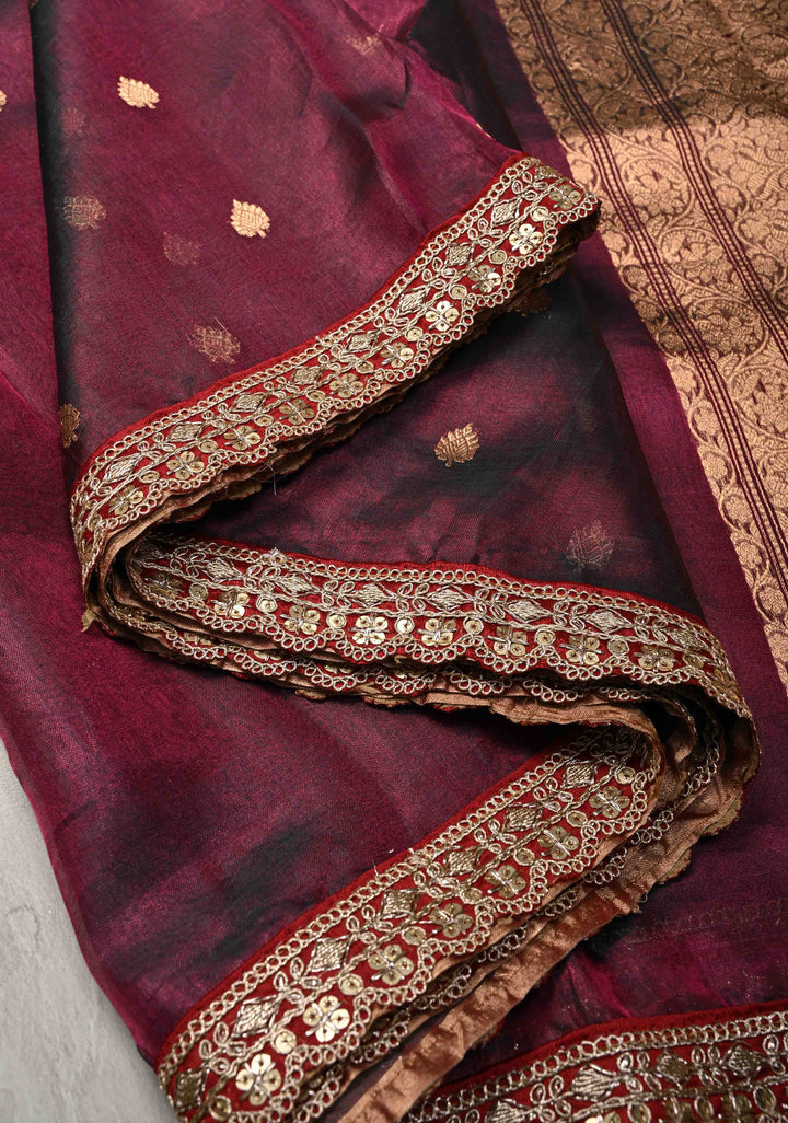 Purple Dual tone Organza Silk Saree with Zari Buttis and Fancy Lace Border | SILK MARK CERTIFIED