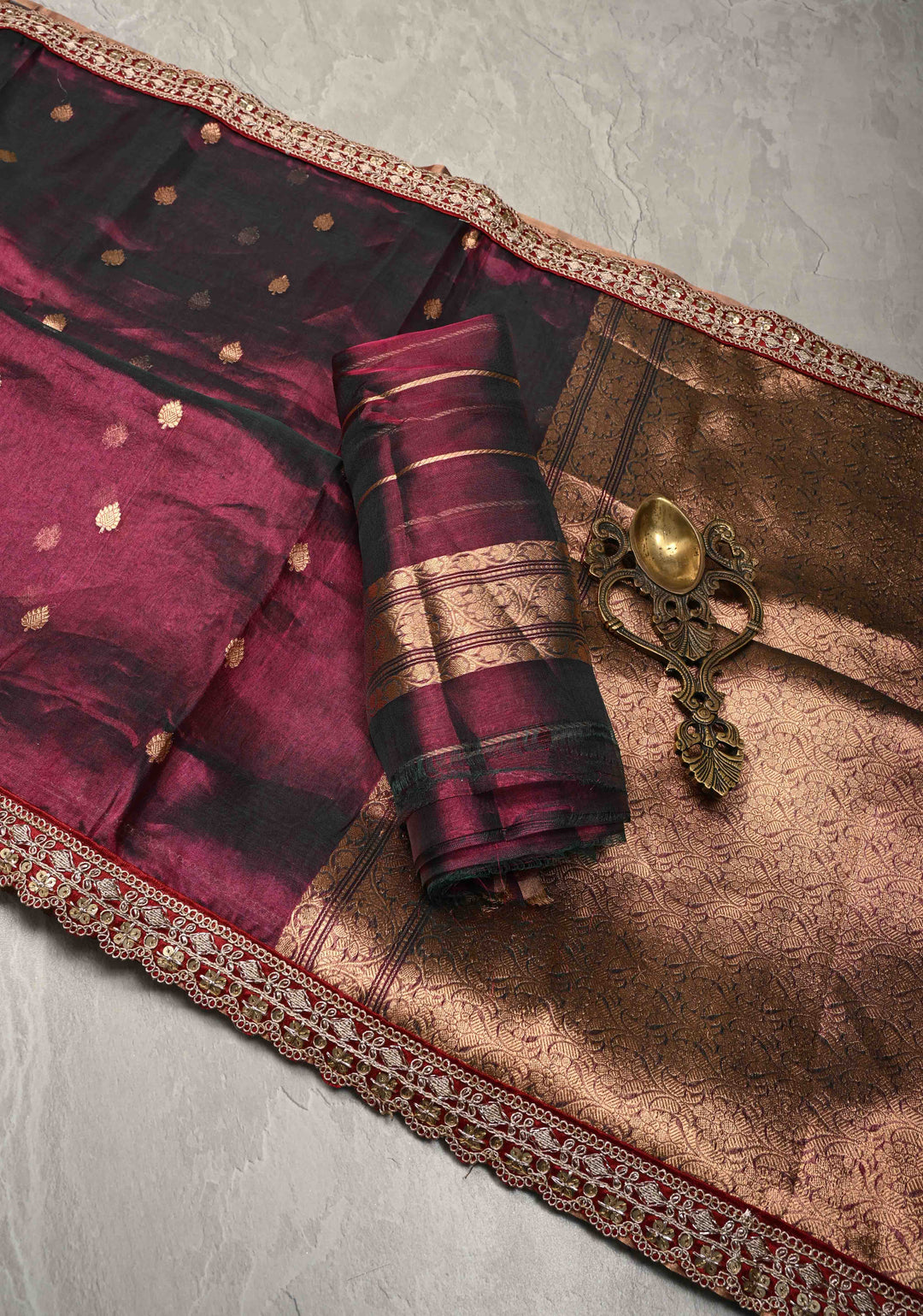 Purple Dual tone Organza Silk Saree with Zari Buttis and Fancy Lace Border | SILK MARK CERTIFIED