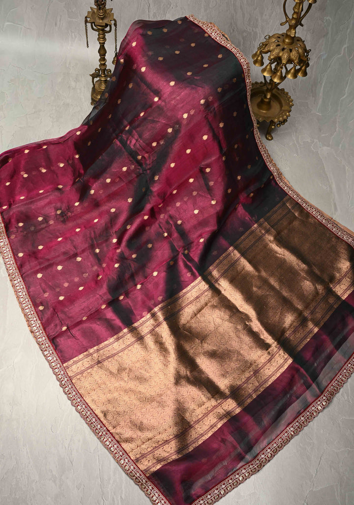 Purple Dual tone Organza Silk Saree with Zari Buttis and Fancy Lace Border | SILK MARK CERTIFIED