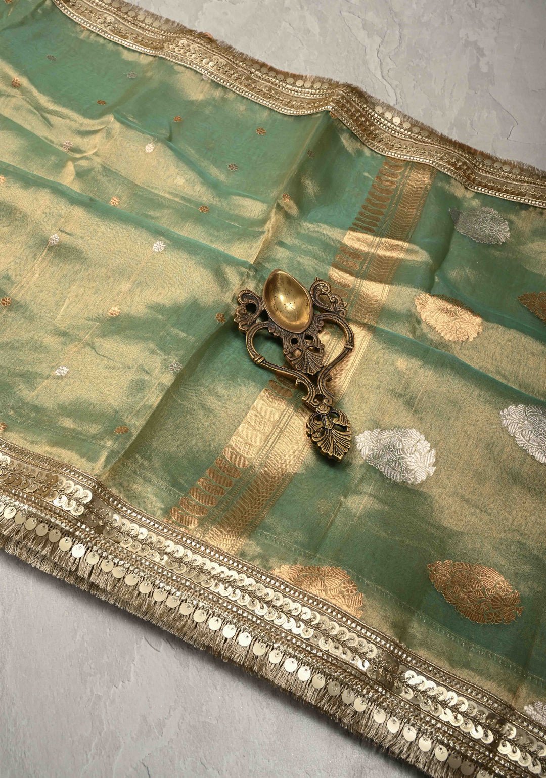 Light Green Banarasi Pure Tissue Silk Saree with Sona Rupa Chunri Buttis and Fancy Lace Trim Border | SILK MARK CERTIFIED