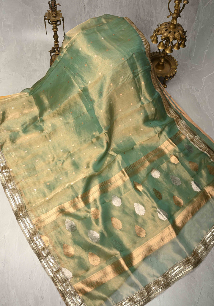 Light Green Banarasi Pure Tissue Silk Saree with Sona Rupa Chunri Buttis and Fancy Lace Trim Border | SILK MARK CERTIFIED