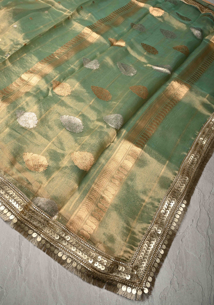 Light Green Banarasi Pure Tissue Silk Saree with Sona Rupa Chunri Buttis and Fancy Lace Trim Border | SILK MARK CERTIFIED