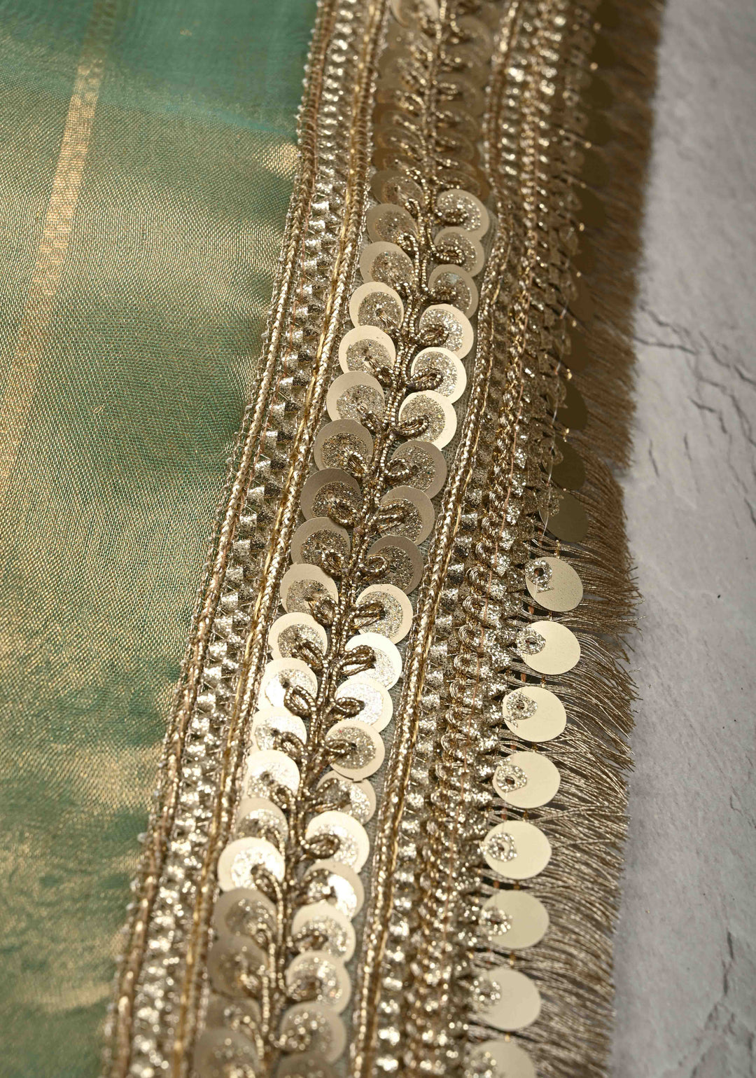 Light Green Banarasi Pure Tissue Silk Saree with Sona Rupa Chunri Buttis and Fancy Lace Trim Border | SILK MARK CERTIFIED