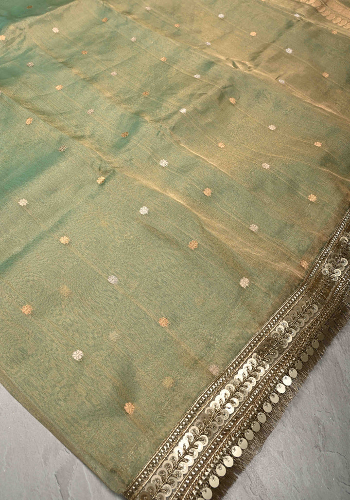 Light Green Banarasi Pure Tissue Silk Saree with Sona Rupa Chunri Buttis and Fancy Lace Trim Border | SILK MARK CERTIFIED
