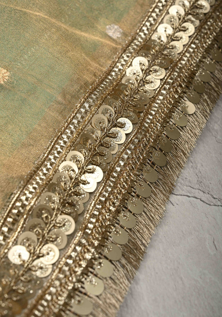 Light Green Banarasi Pure Tissue Silk Saree with Sona Rupa Chunri Buttis and Fancy Lace Trim Border | SILK MARK CERTIFIED