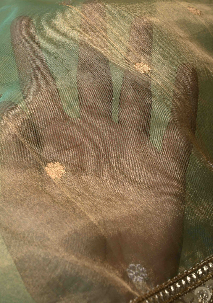 Light Green Banarasi Pure Tissue Silk Saree with Sona Rupa Chunri Buttis and Fancy Lace Trim Border | SILK MARK CERTIFIED