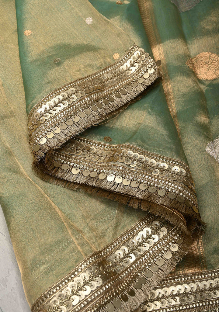 Light Green Banarasi Pure Tissue Silk Saree with Sona Rupa Chunri Buttis and Fancy Lace Trim Border | SILK MARK CERTIFIED