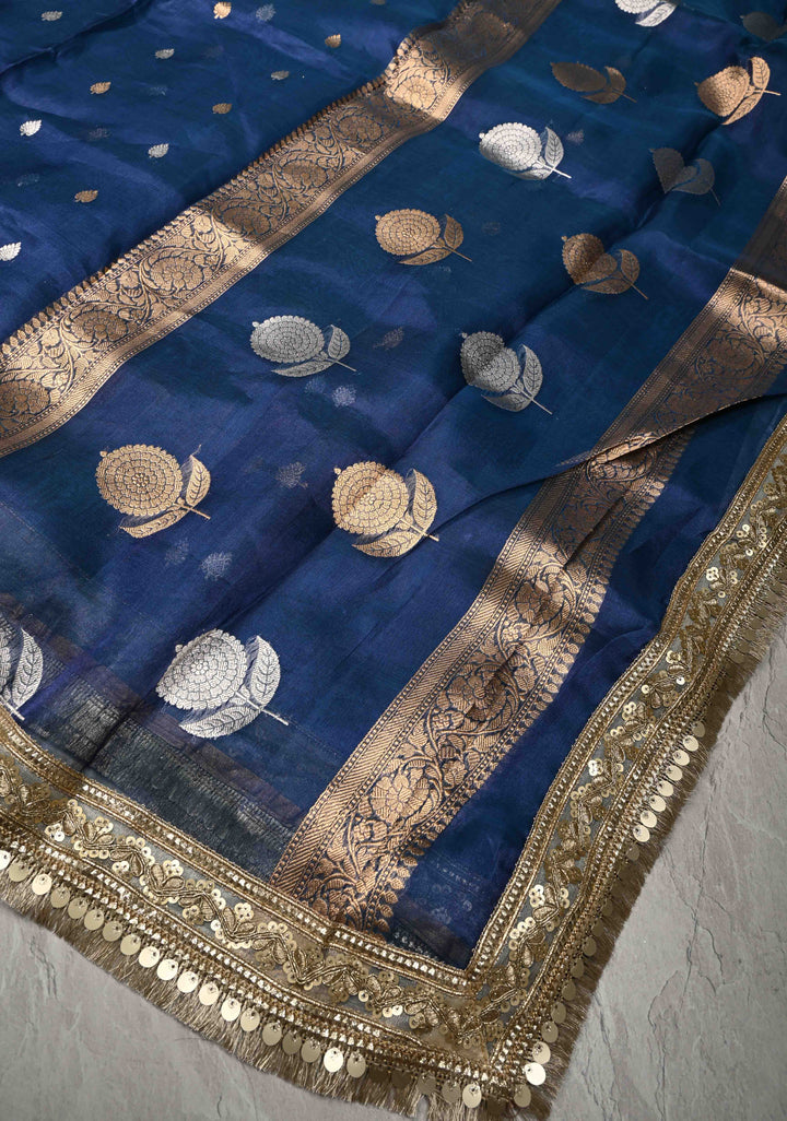 Prussian Blue Organza Silk Saree with Sona Rupa Buttis and Fancy Lace Trim Border | SILK MARK CERTIFIED