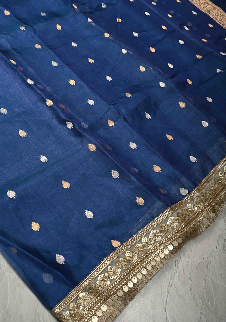 Prussian Blue Organza Silk Saree with Sona Rupa Buttis and Fancy Lace Trim Border | SILK MARK CERTIFIED