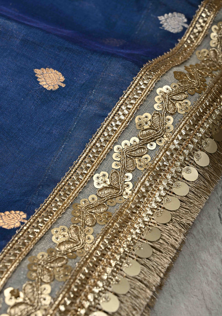Prussian Blue Organza Silk Saree with Sona Rupa Buttis and Fancy Lace Trim Border | SILK MARK CERTIFIED