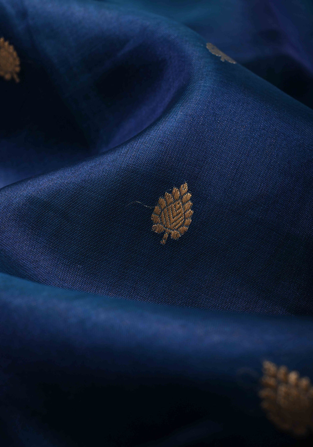 Prussian Blue Organza Silk Saree with Sona Rupa Buttis and Fancy Lace Trim Border | SILK MARK CERTIFIED