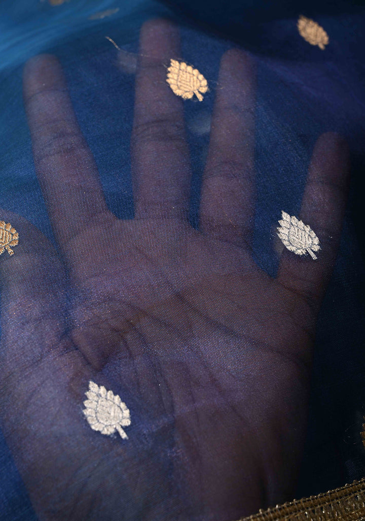 Prussian Blue Organza Silk Saree with Sona Rupa Buttis and Fancy Lace Trim Border | SILK MARK CERTIFIED