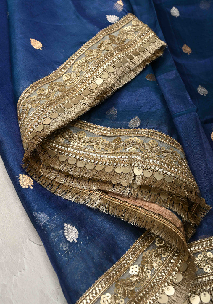 Prussian Blue Organza Silk Saree with Sona Rupa Buttis and Fancy Lace Trim Border | SILK MARK CERTIFIED