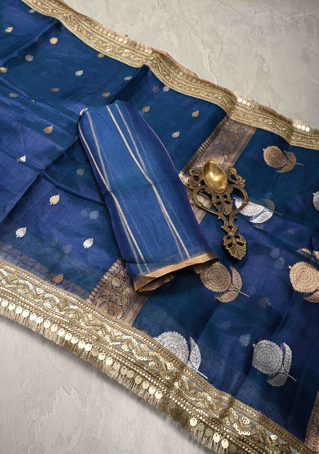 Prussian Blue Organza Silk Saree with Sona Rupa Buttis and Fancy Lace Trim Border | SILK MARK CERTIFIED