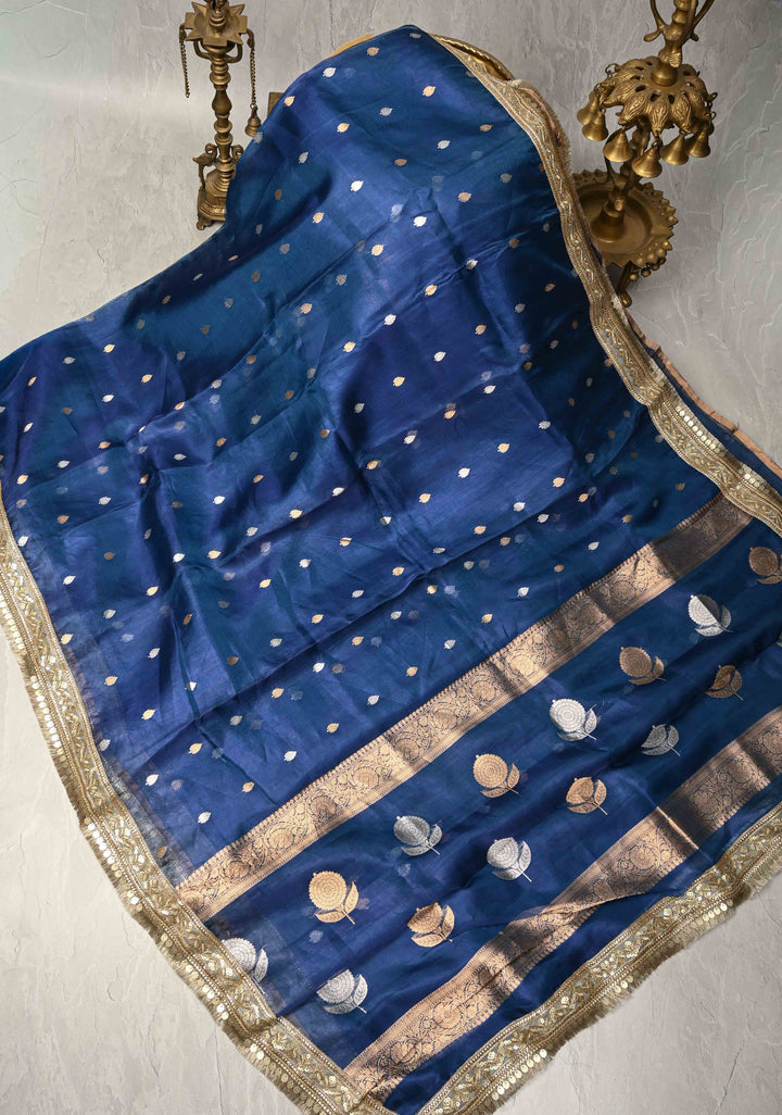 Prussian Blue Organza Silk Saree with Sona Rupa Buttis and Fancy Lace Trim Border | SILK MARK CERTIFIED