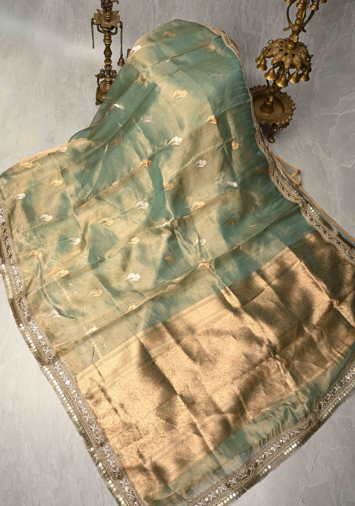 Sage Green Banarasi Pure Tissue Silk Saree with Sona Rupa Floral Buttas and Fancy Lace Trim Border | SILK MARK CERTIFIED